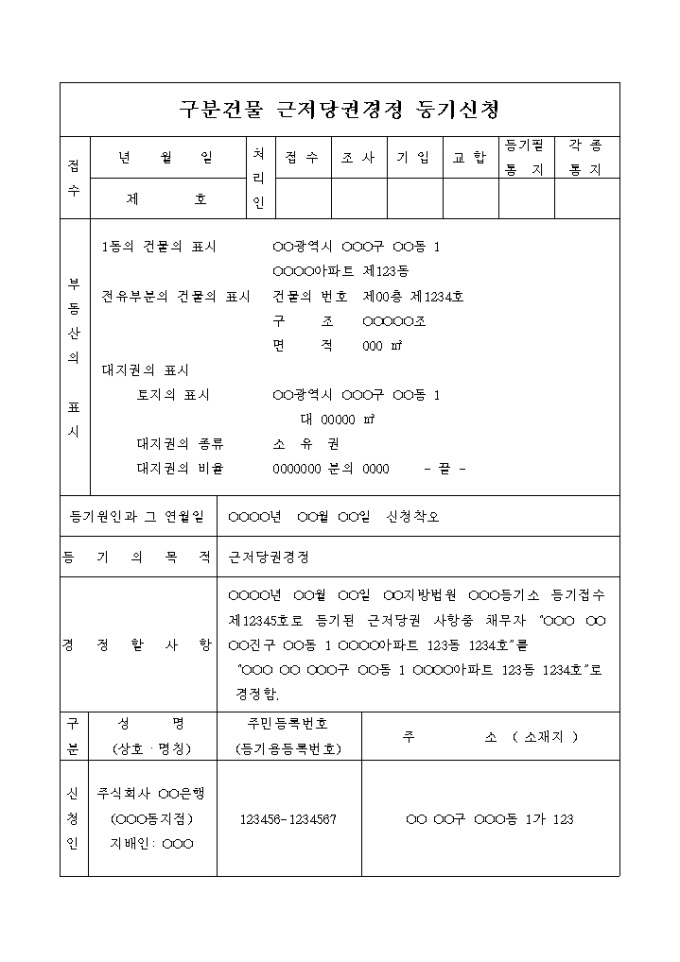 구분건물 근저당권 경정등기 신청서(신청착오) 미리보기