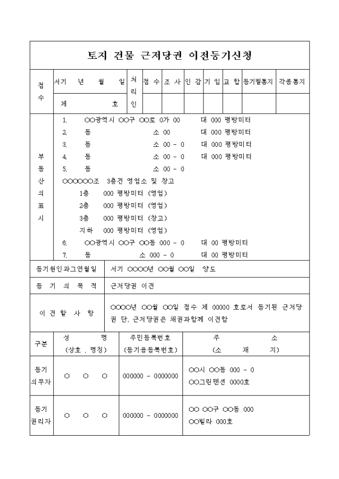 근저당권이전 등기 신청서(양도) 미리보기