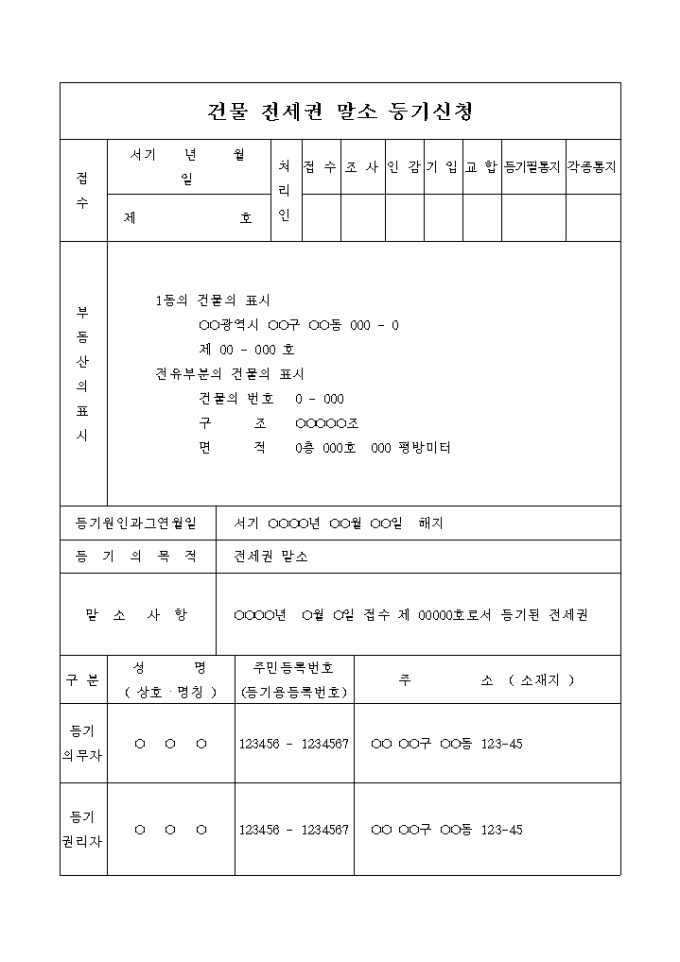 전세권 말소등기 신청서(해지) 미리보기