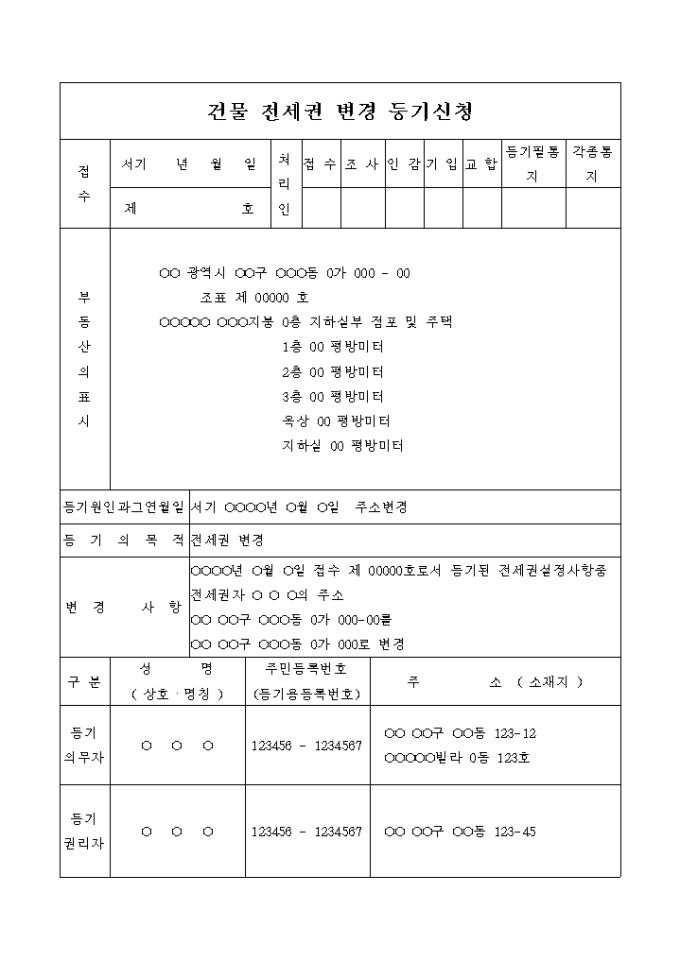 전세권 변경등기 신청 및 주소변경 위임장 미리보기
