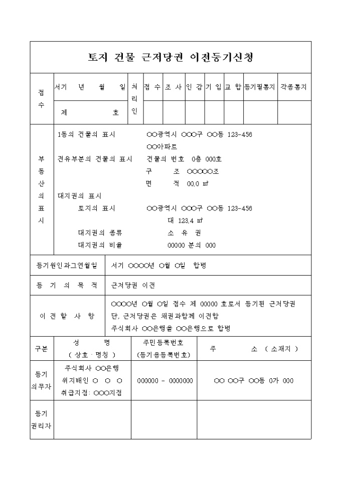 토지 건물 근저당권 이전등기 신청서(합병으로 인한) 미리보기