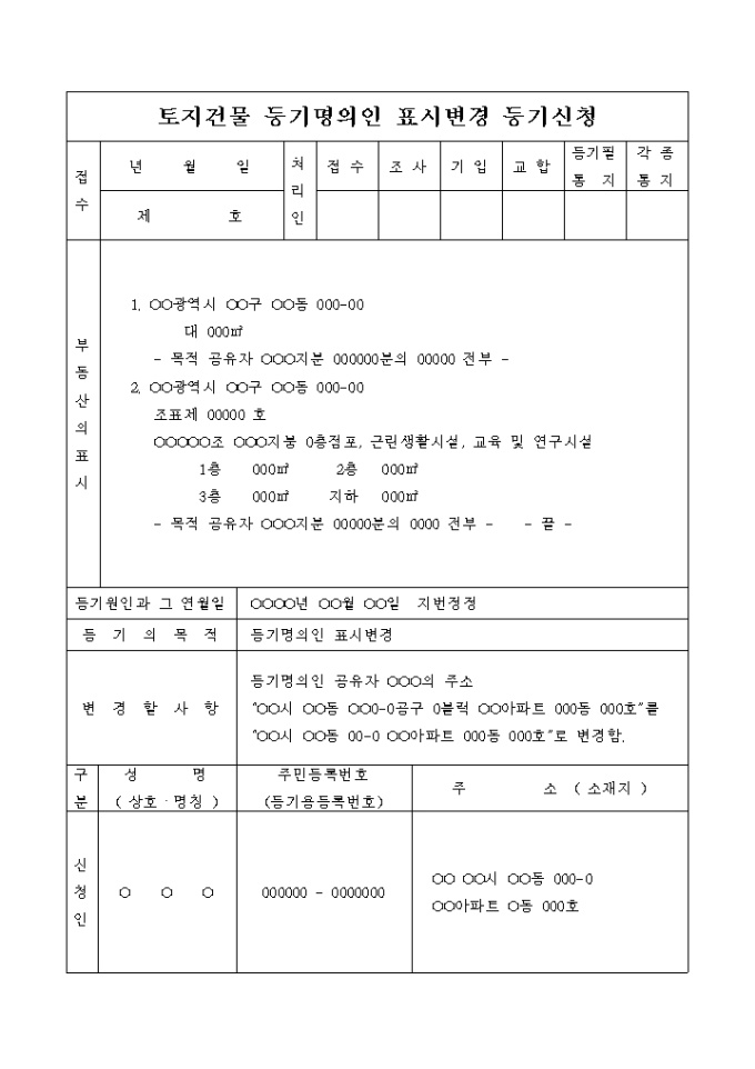 토지건물 등기명의인 표시변경 등기 신청서(지방세 감면) 미리보기
