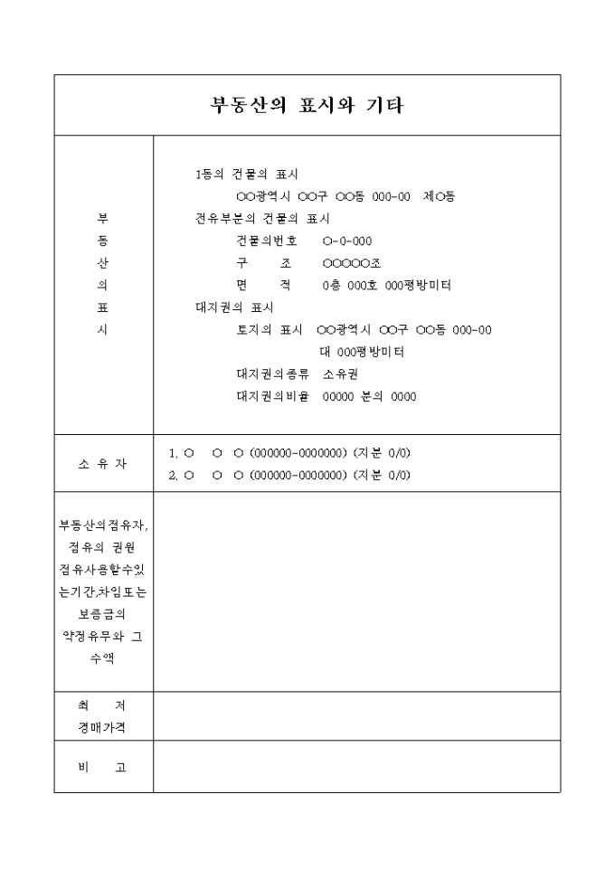 경매목록(부동산의 표시와 기타) 미리보기