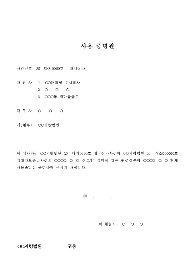 판결정본 사용증명원(배당절차) 미리보기