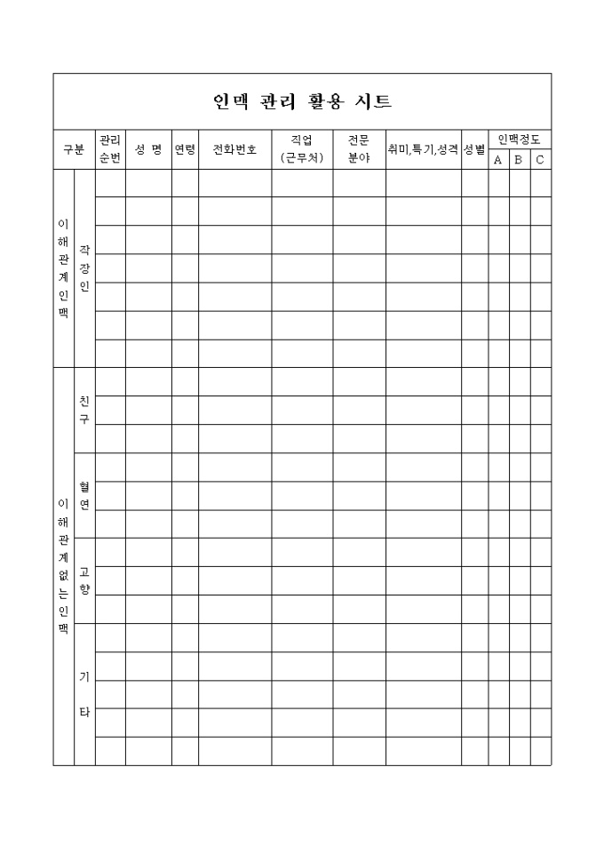 인맥관리 활용 시트 미리보기