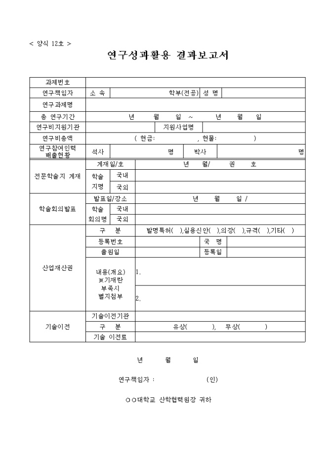 연구성과활용 결과 보고서 양식(산학협력원)양식(12호) 미리보기
