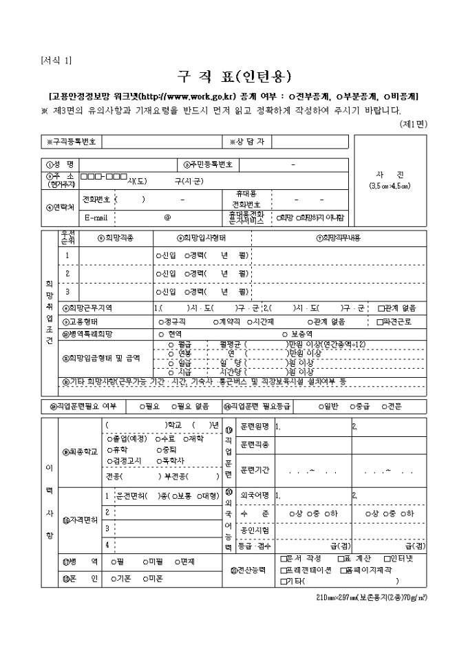 취업 지원제_구직표(인턴용) 미리보기