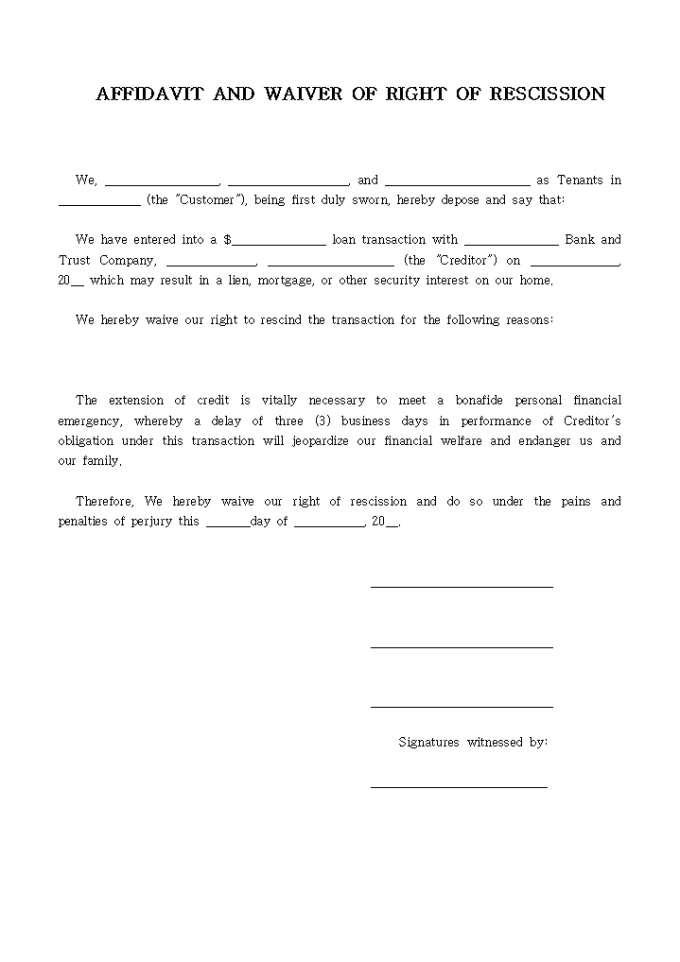 AFFIDAVIT AND WAIVER OF RIGHT OF RESCISSION 미리보기