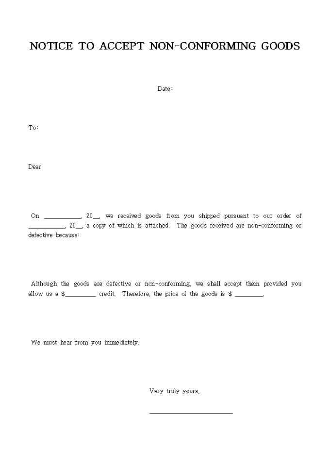 NOTICE TO ACCEPT NON-CONFORMING GOODS 미리보기