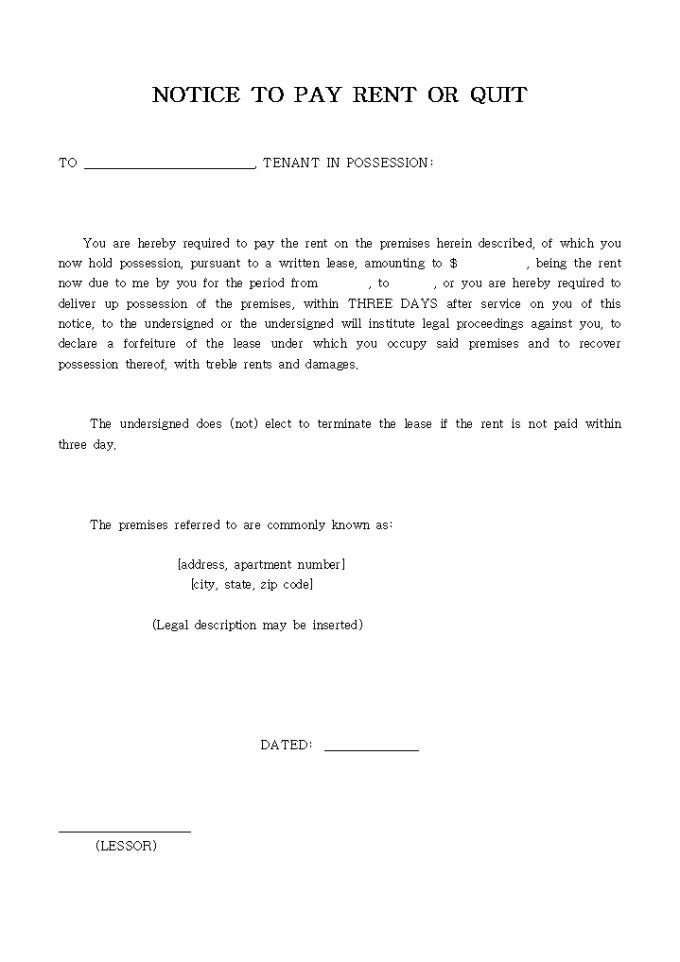 NOTICE TO PAY RENT OR QUIT 미리보기