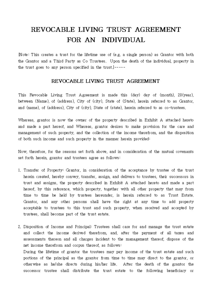 REVOCABLE LIVING TRUST AGREEMENT FOR AN INDIVIDUAL 미리보기