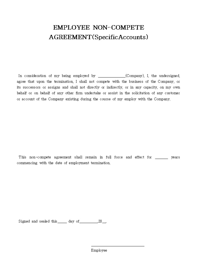 EMPLOYEE NON-COMPETE AGREEMENT(Specific Accounts) 미리보기