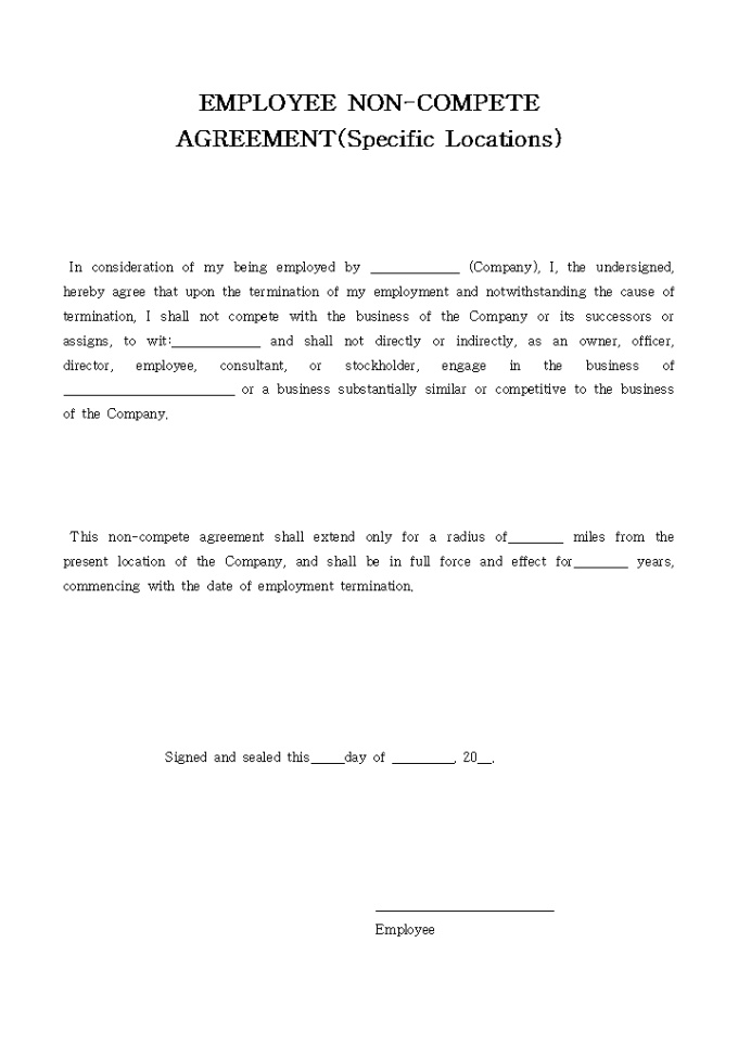 employee non-compete agreement(specific locations) 미리보기