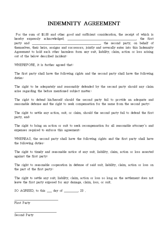 INDEMNITY AGREEMENT 미리보기