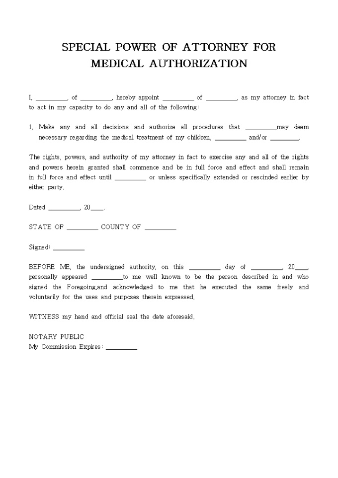 SPECIAL POWER OF ATTORNEY FOR MEDICAL AUTHORIZATION 미리보기