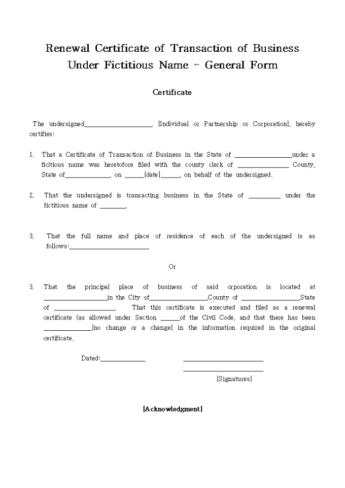 Renewal Certificate of Transaction of Business Under. 미리보기