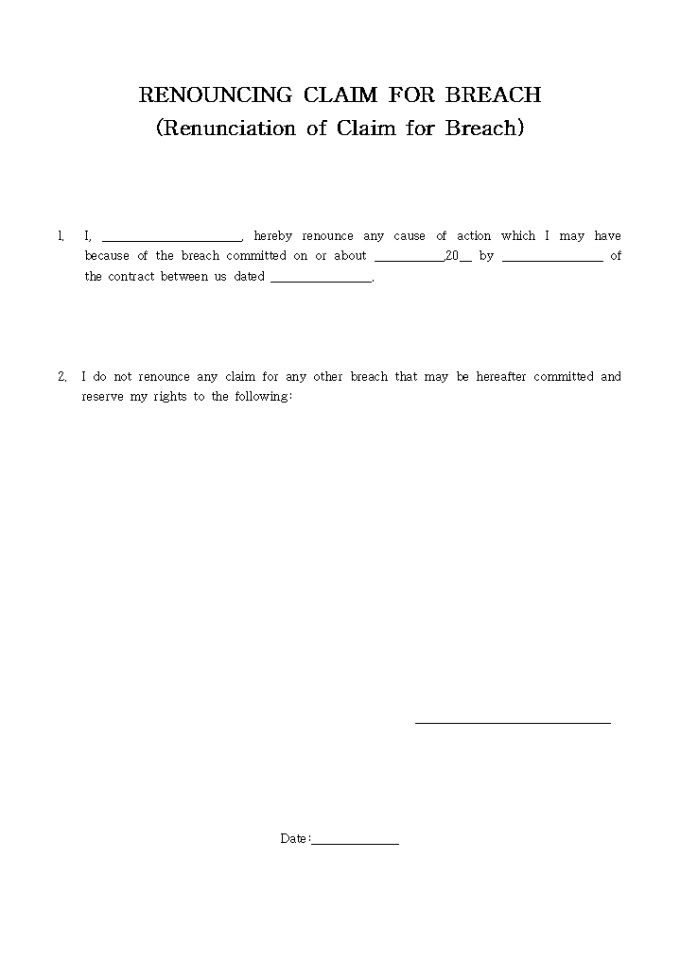 RENOUNCING CLAIM FOR BREACH(Renunciation of Claim for Breach) 미리보기