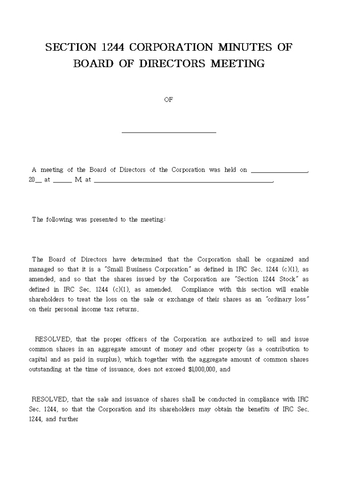 SECTION 1244 CORPORATION MINUTES OF BOARD OF DIRECTORS MEETING 미리보기
