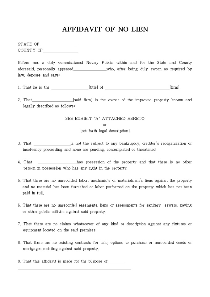 AFFIDAVIT OF NO LIEN 미리보기