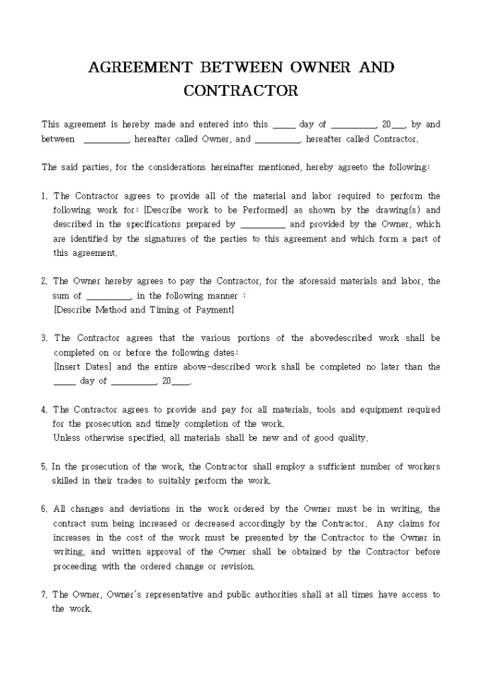 AGREEMENT BETWEEN OWNER AND CONTRACTOR 미리보기