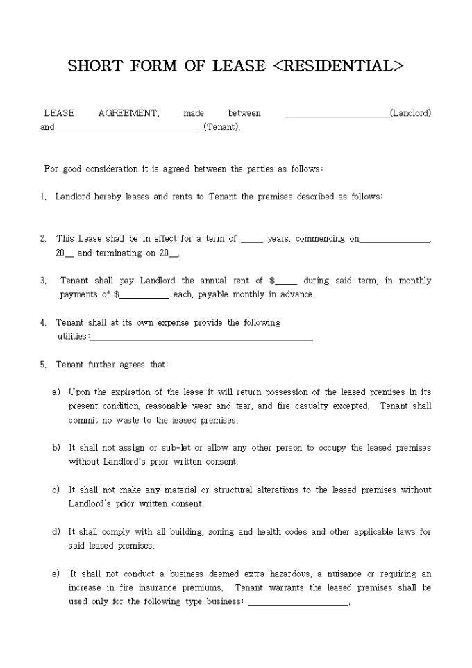 SHORT FORM OF LEASE(RESIDENTIAL) 미리보기
