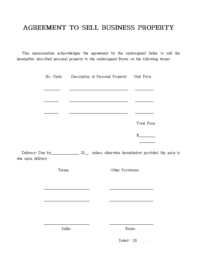 AGREEMENT TO SELL BUSINESS PROPERTY 미리보기
