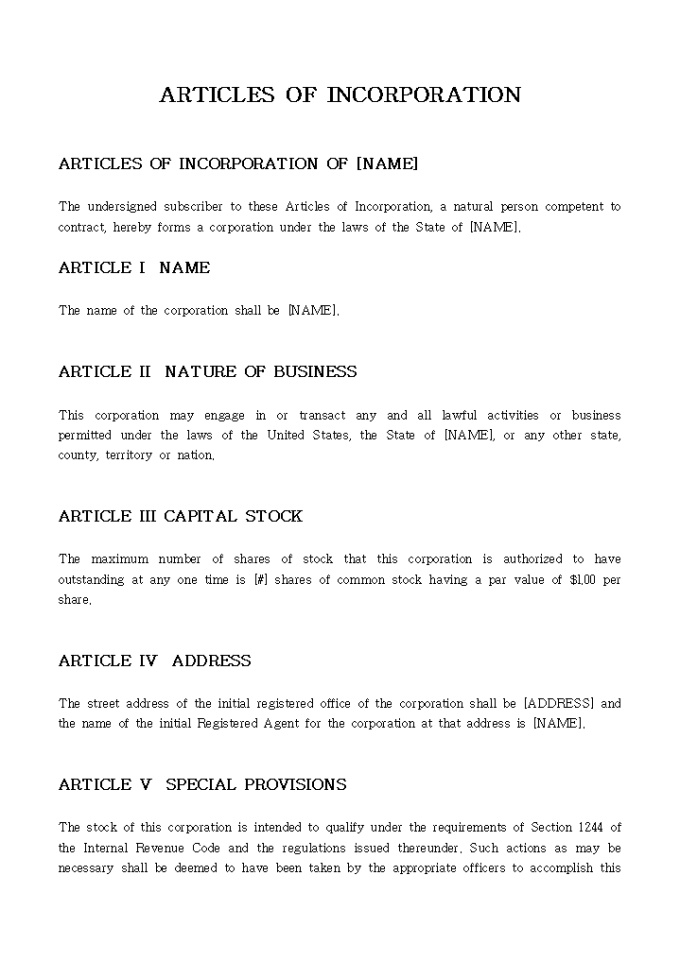 ARTICLES OF INCORPORATION 미리보기