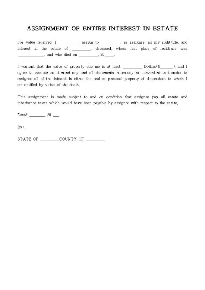 ASSIGNMENT OF ENTIRE INTEREST IN ESTATE 미리보기