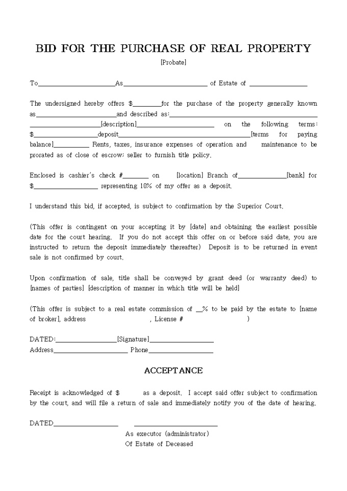 BID FOR THE PURCHASE OF REAL PROPERTY 미리보기
