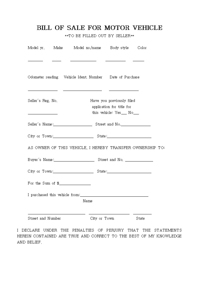 BILL OF SALE FOR MOTOR VEHICLE 미리보기