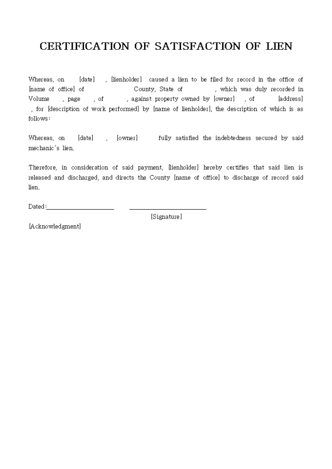 CERTIFICATION OF SATISFACTION OF LIEN 미리보기