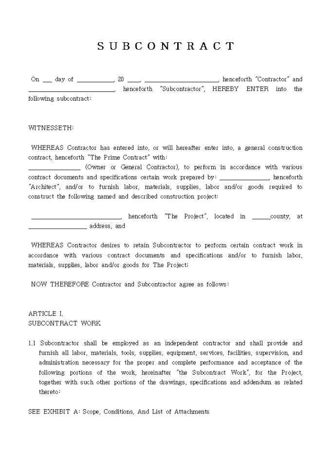 Subcontractor Agreement. 미리보기
