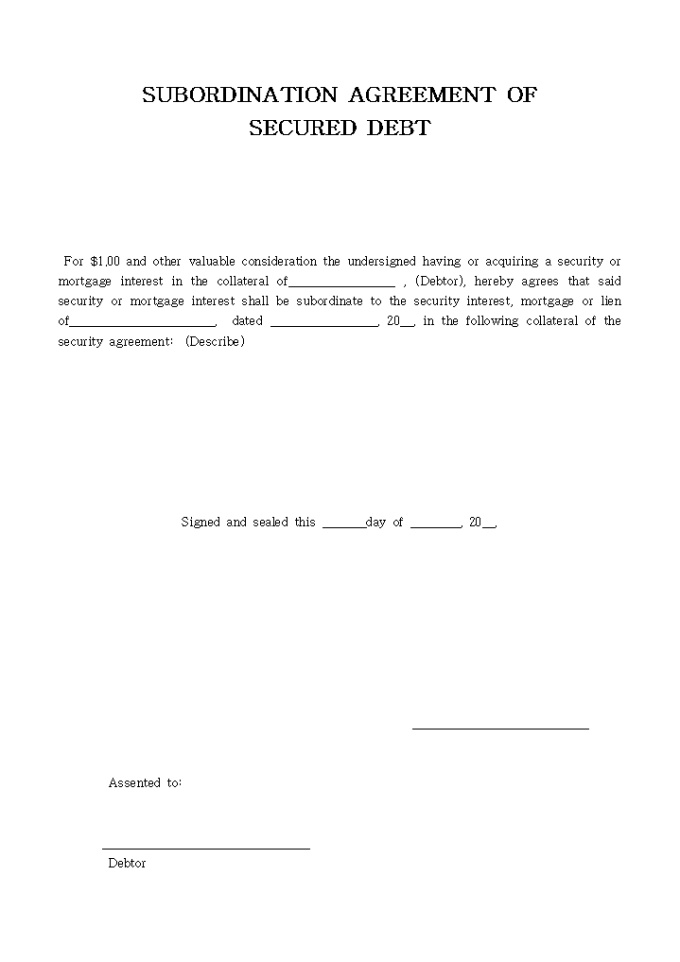 SUBORDINATION AGREEMENT OF SECURED DEBT 미리보기