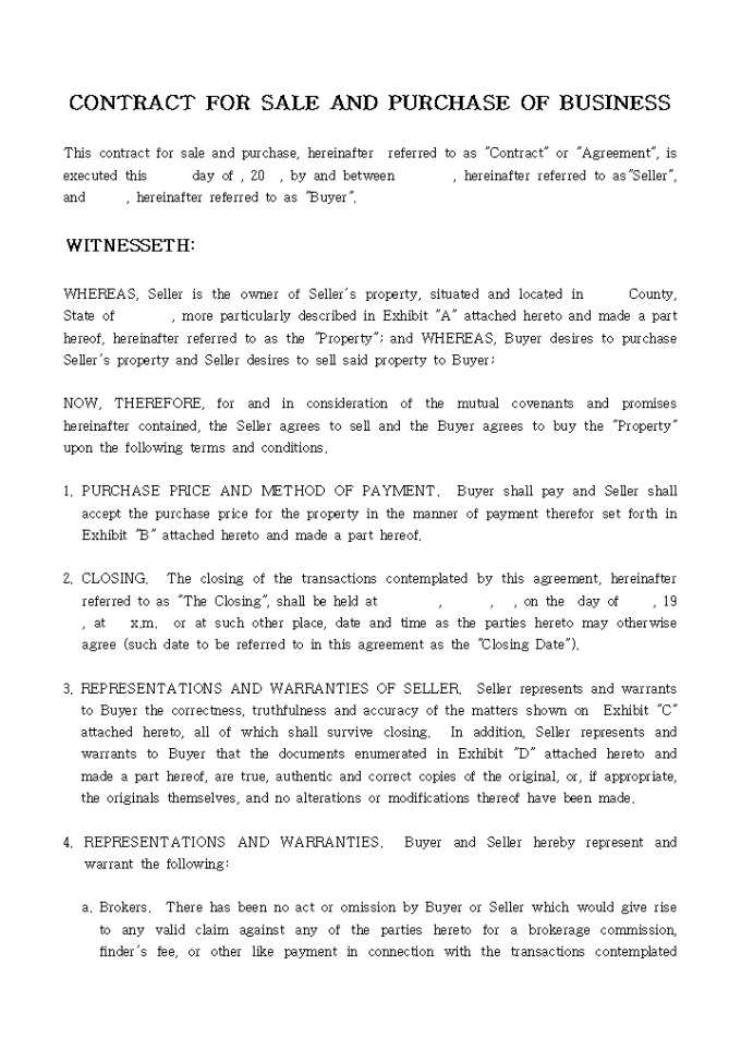 CONTRACT FOR SALE AND PURCHASE OF BUSINESS 미리보기