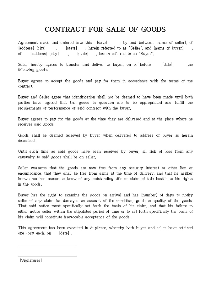 CONTRACT FOR SALE OF GOODS 미리보기