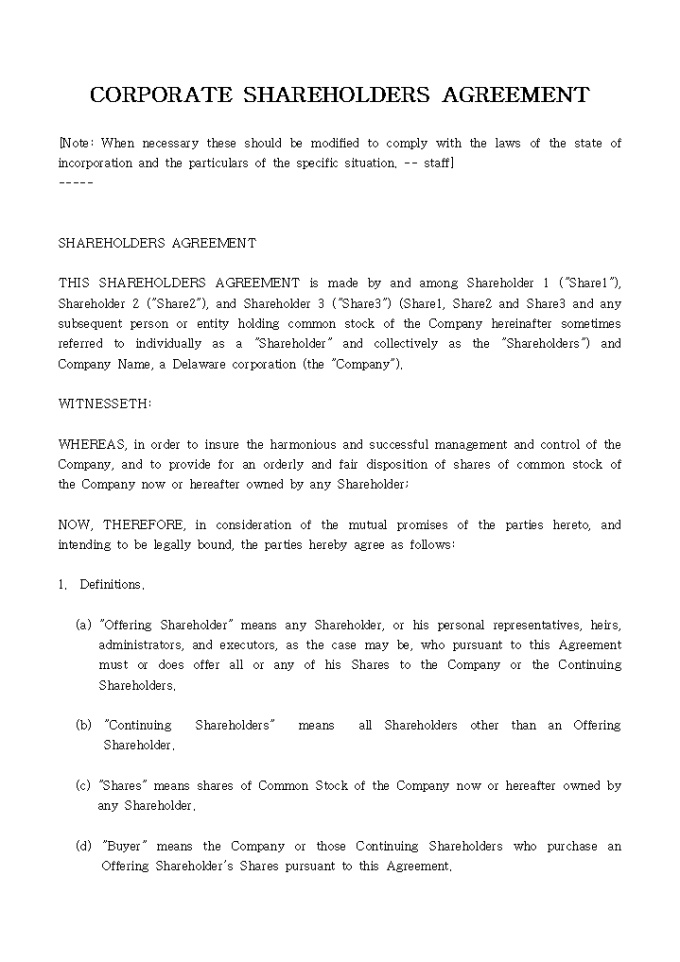 CORPORATE SHAREHOLDERS AGREEMENT 미리보기