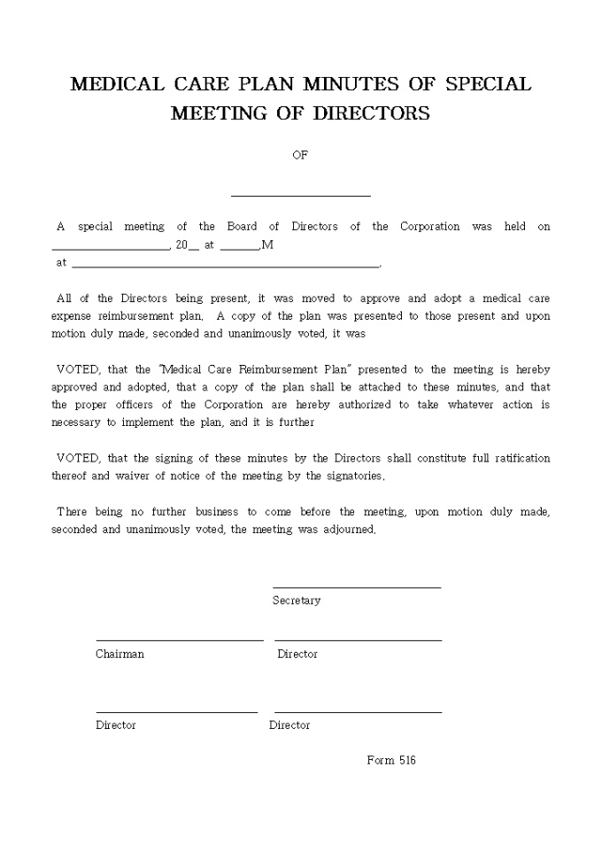 MEDICAL CARE PLAN MINUTES OF SPECIAL MEETING OF DIRECTORS 미리보기