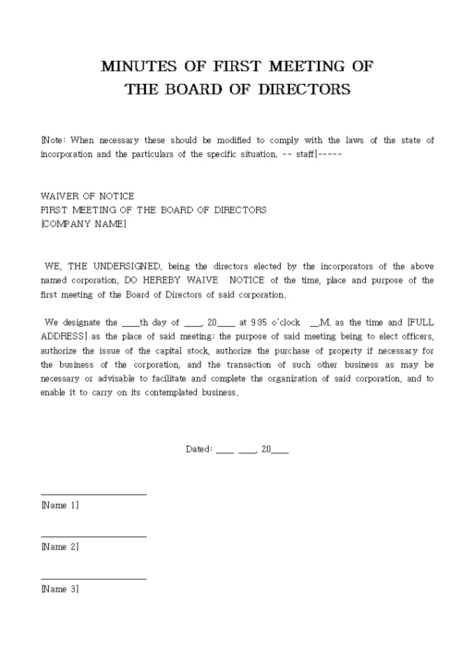 MINUTES OF FIRST MEETING OF THE BOARD OF DIRECTORS 미리보기