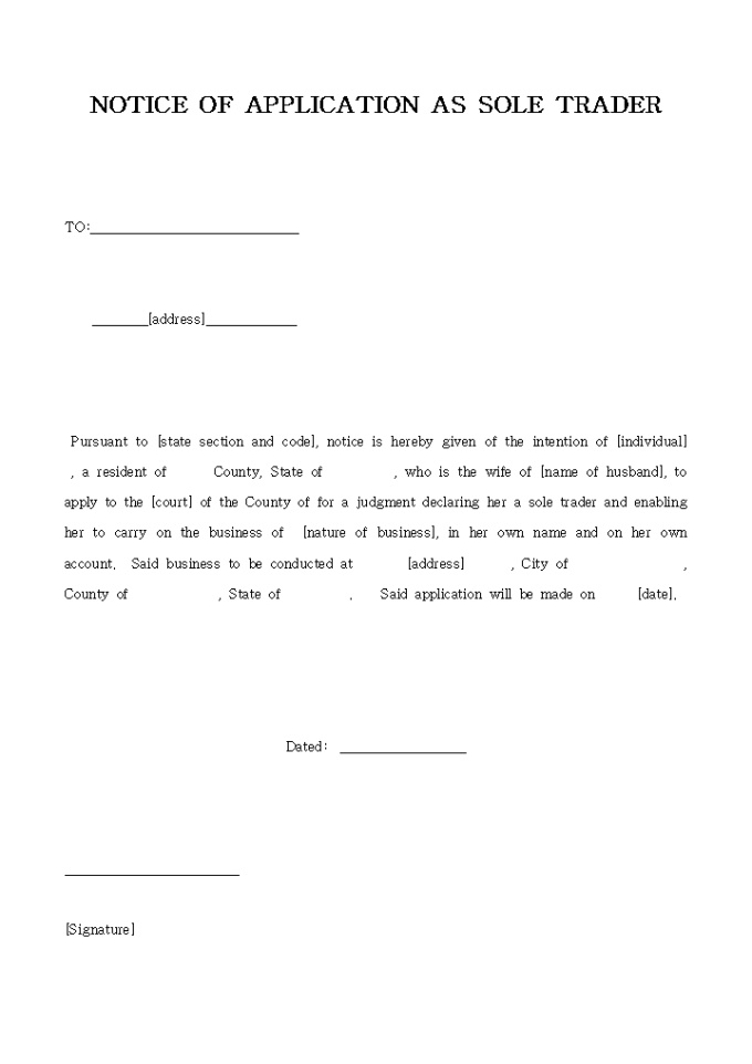 NOTICE OF APPLICATION AS SOLE TRADER 미리보기