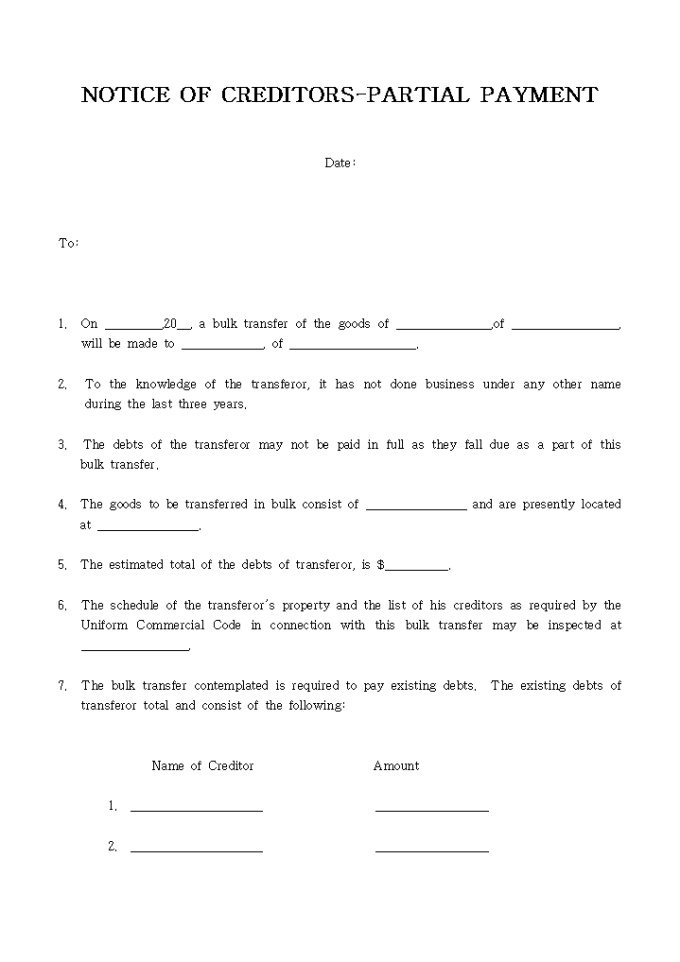 NOTICE OF CREDITORS-PARTIAL PAYMENT. 미리보기