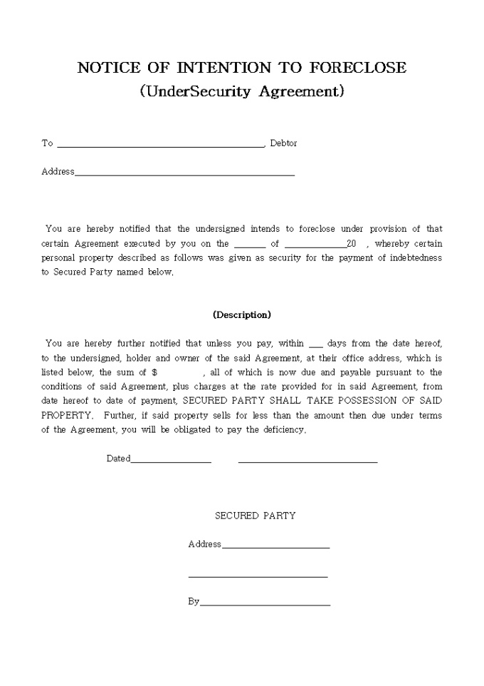 NOTICE OF INTENTION TO FORECLOSE(Under Security Agreement) 미리보기