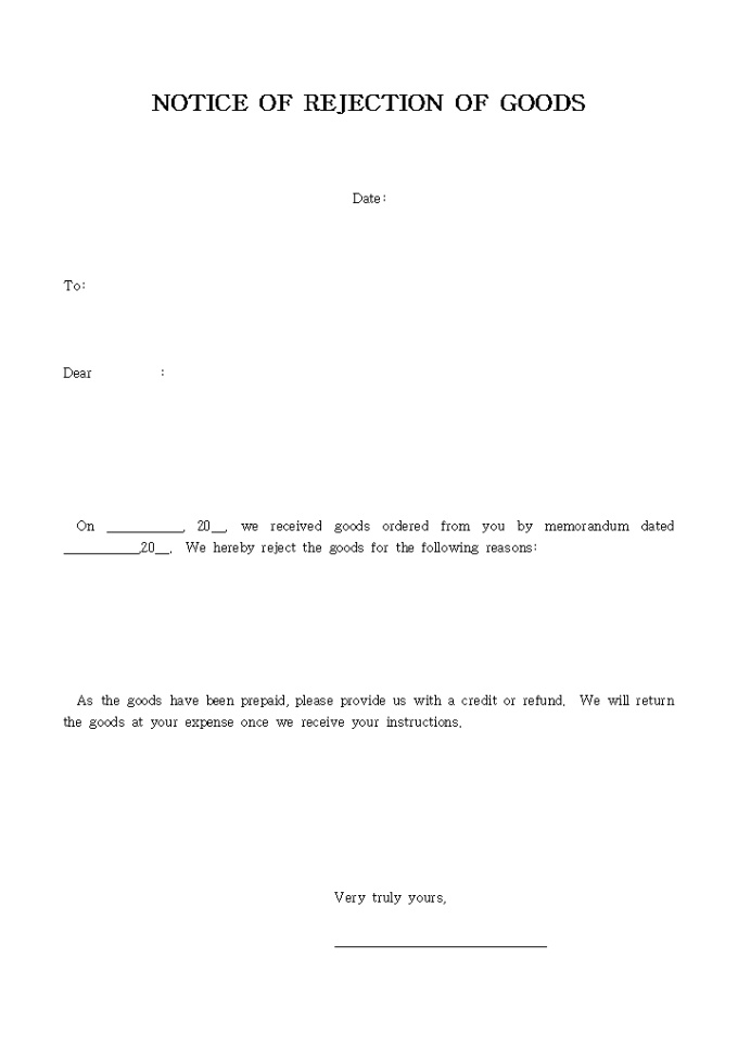 NOTICE OF REJECTION OF GOODS 미리보기