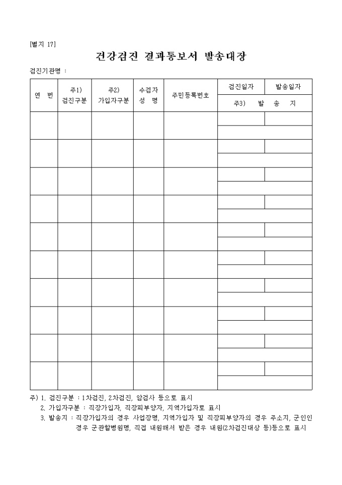 건강검진 결과통보서 발송대장 미리보기