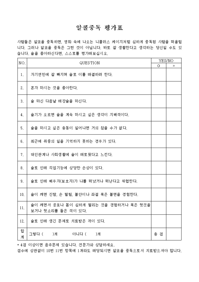 알콜중독 평가표 미리보기