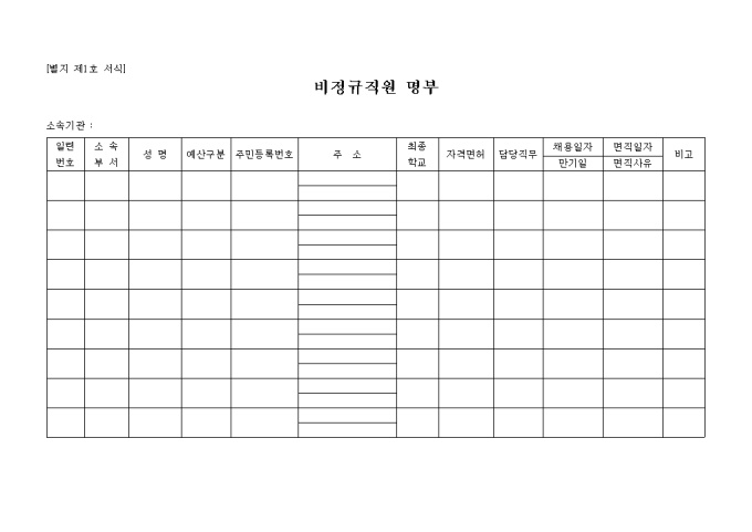 비정규직원인명부(별지 제1호서식) 미리보기
