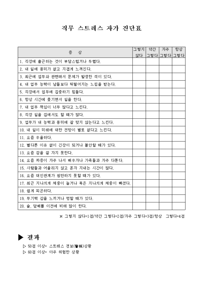 직무스트레스 자가진단표 미리보기