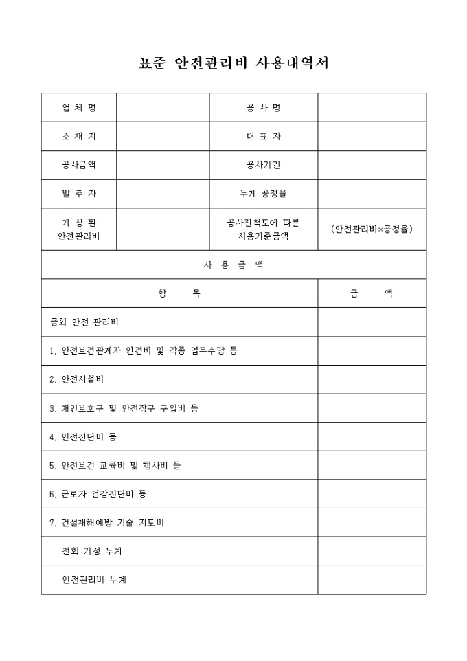 표준안전관리비 사용내역서 미리보기