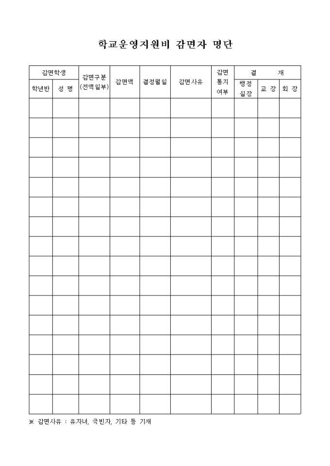학교운영지원비 감면자 명단 미리보기