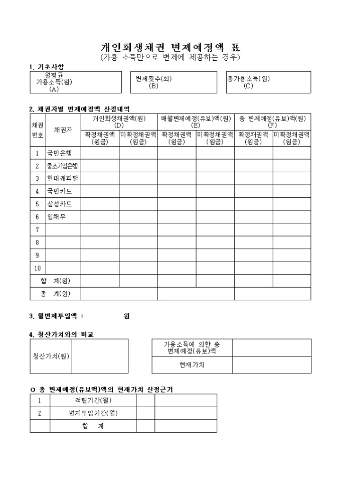 개인회생채권 변제예정액 표 미리보기