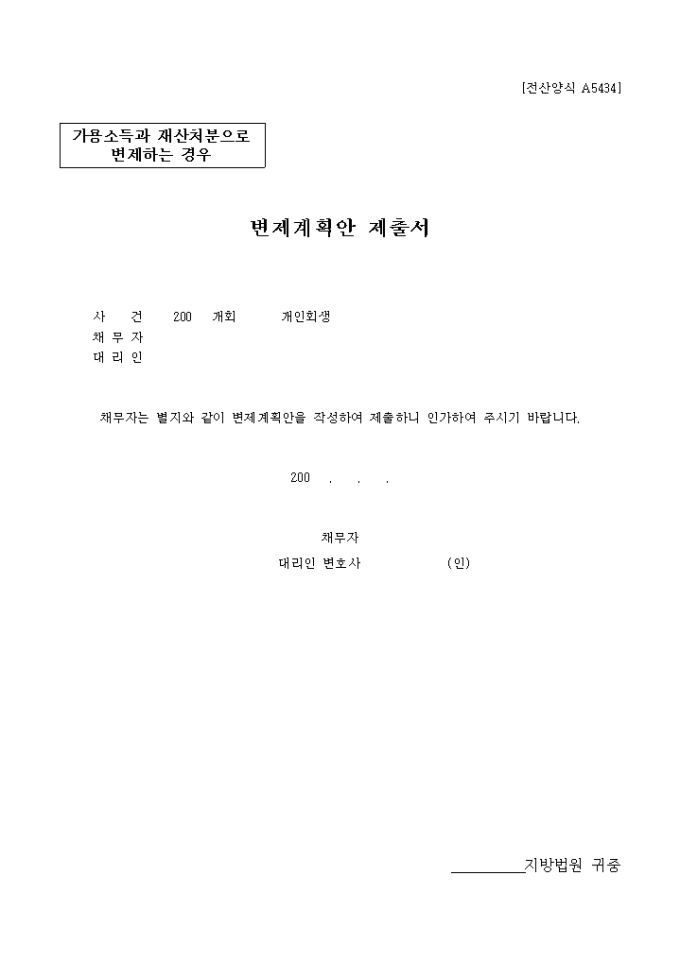 변제 계획안(가용소득과 재산처분으로 변제하는 경우) 미리보기